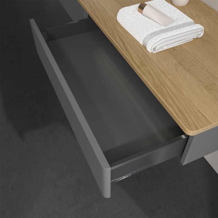 Villeroy & Boch Antao Waschbeckenunterschrank, 160 x 19 cm, 2 Auszüge mit LED-Licht, Front mit Struktur, mit Hahnloch, für Waschtisch links