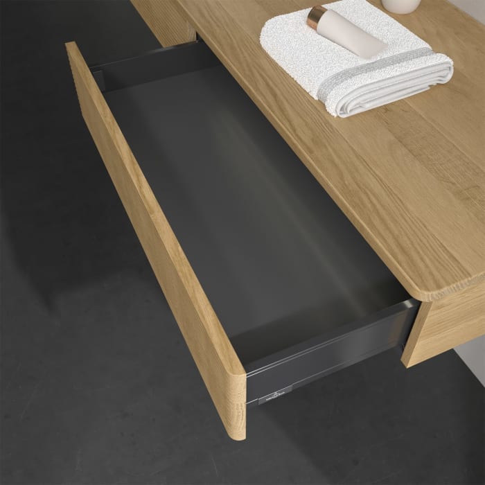 Villeroy & Boch Antao Waschbeckenunterschrank, 160 x 19 cm, 2 Auszüge mit LED-Licht, Front mit Struktur, mit Hahnloch, für Waschtisch links