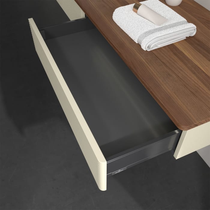 Villeroy & Boch Antao Waschbeckenunterschrank, 160 x 19 cm, 2 Auszüge mit LED-Licht, Front mit Struktur, mit Hahnloch, für Waschtisch links