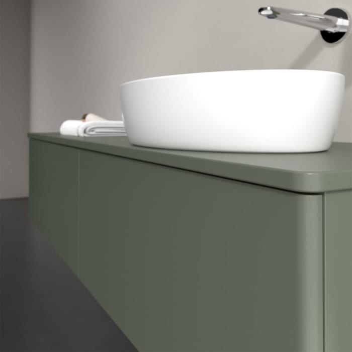 Villeroy & Boch Antao Waschbeckenunterschrank, 160 x 36 cm, 2 Auszüge mit LED-Licht, Front ohne Struktur, mit Hahnloch, für Waschtisch rechts