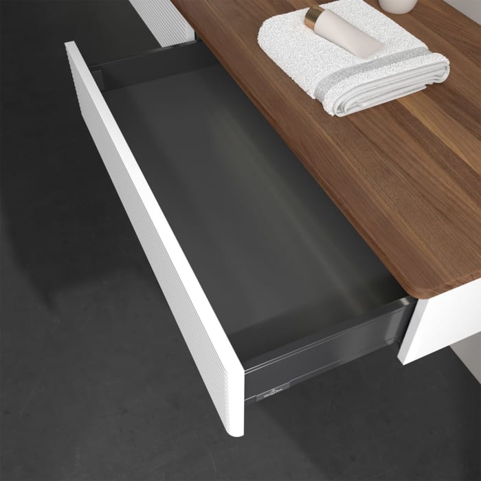 Villeroy & Boch Antao Waschbeckenunterschrank, 160 x 19 cm, 2 Auszüge mit LED-Licht, Front mit Struktur, mit Hahnloch, für Waschtisch links