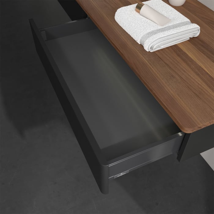 Villeroy & Boch Antao Waschbeckenunterschrank, 160 x 19 cm, 2 Auszüge mit LED-Licht, Front mit Struktur, mit Hahnloch, für Waschtisch links