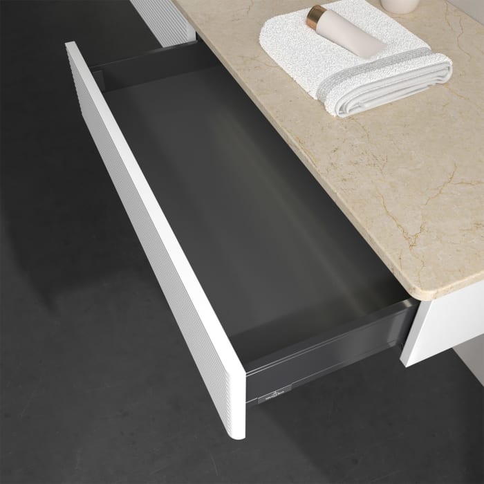 Villeroy & Boch Antao Waschbeckenunterschrank, 160 x 19 cm, 2 Auszüge mit LED-Licht, Front mit Struktur, mit Hahnloch, für Waschtisch links