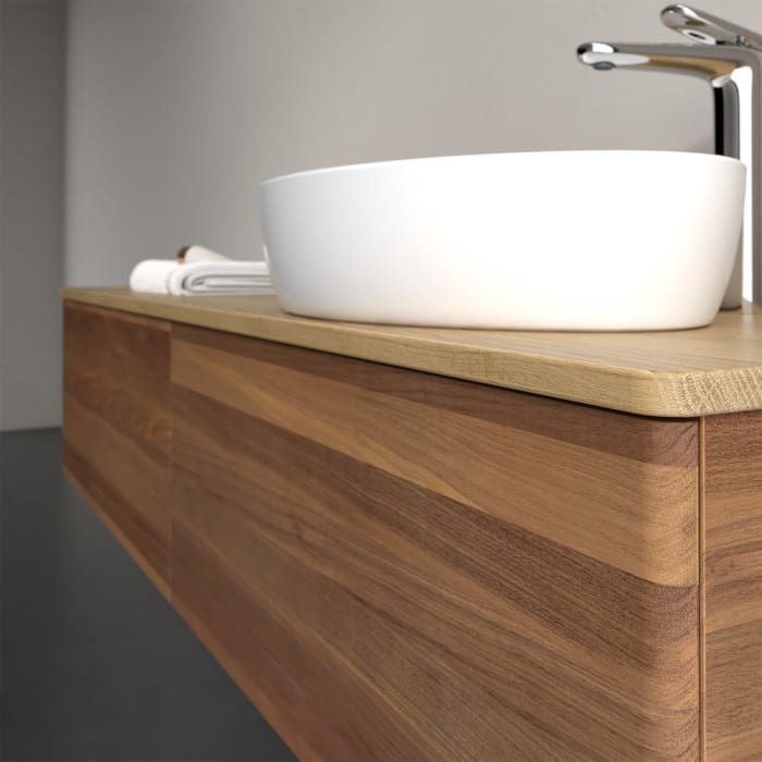 Villeroy & Boch Antao Waschbeckenunterschrank, 160 x 36 cm, 2 Auszüge mit LED-Licht, Front ohne Struktur, mit Hahnloch, für Waschtisch rechts