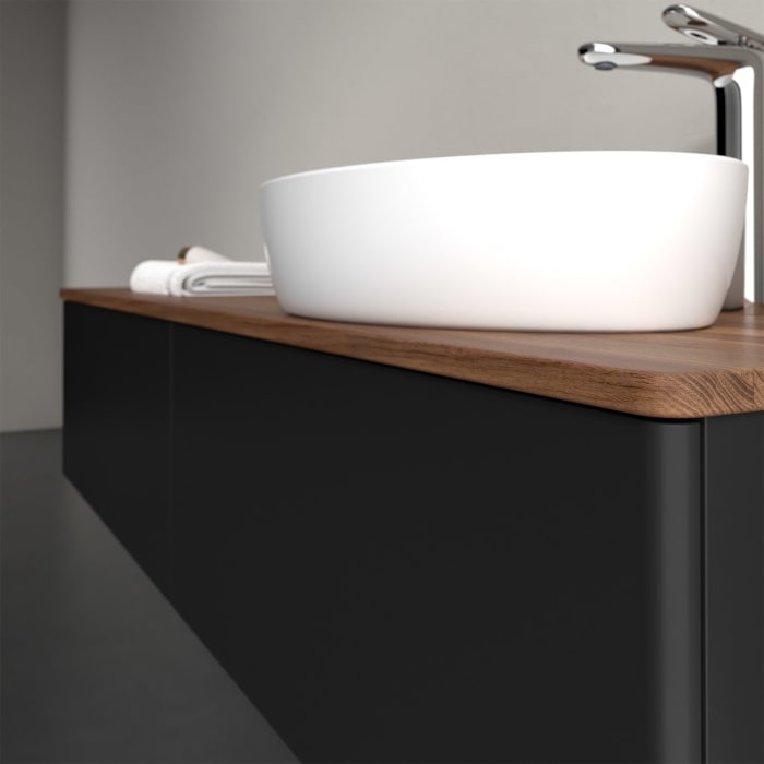 Villeroy & Boch Antao Waschbeckenunterschrank, 160 x 36 cm, 2 Auszüge mit LED-Licht, Front ohne Struktur, mit Hahnloch, für Waschtisch rechts