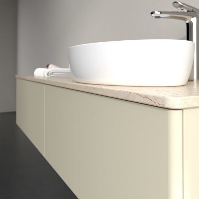 Villeroy & Boch Antao Waschbeckenunterschrank, 160 x 36 cm, 2 Auszüge mit LED-Licht, Front ohne Struktur, mit Hahnloch, für Waschtisch rechts