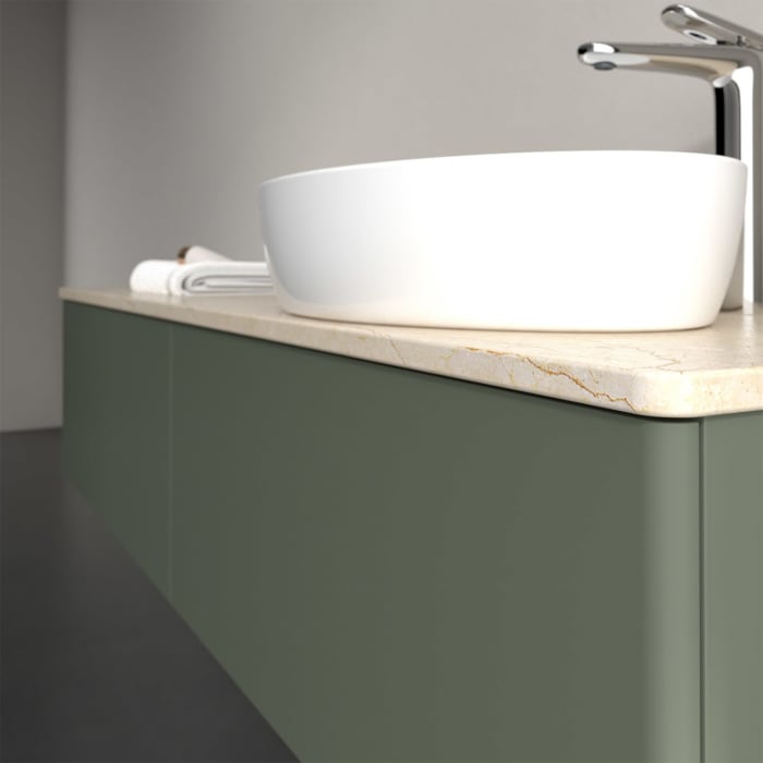 Villeroy & Boch Antao Waschbeckenunterschrank, 160 x 36 cm, 2 Auszüge mit LED-Licht, Front ohne Struktur, mit Hahnloch, für Waschtisch rechts