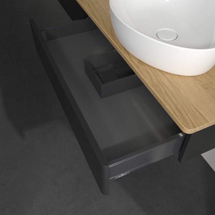 Villeroy & Boch Antao Waschbeckenunterschrank, 160 x 19 cm, 2 Auszüge mit LED-Licht, Front ohne Struktur, ohne Hahnloch, für Waschtisch rechts