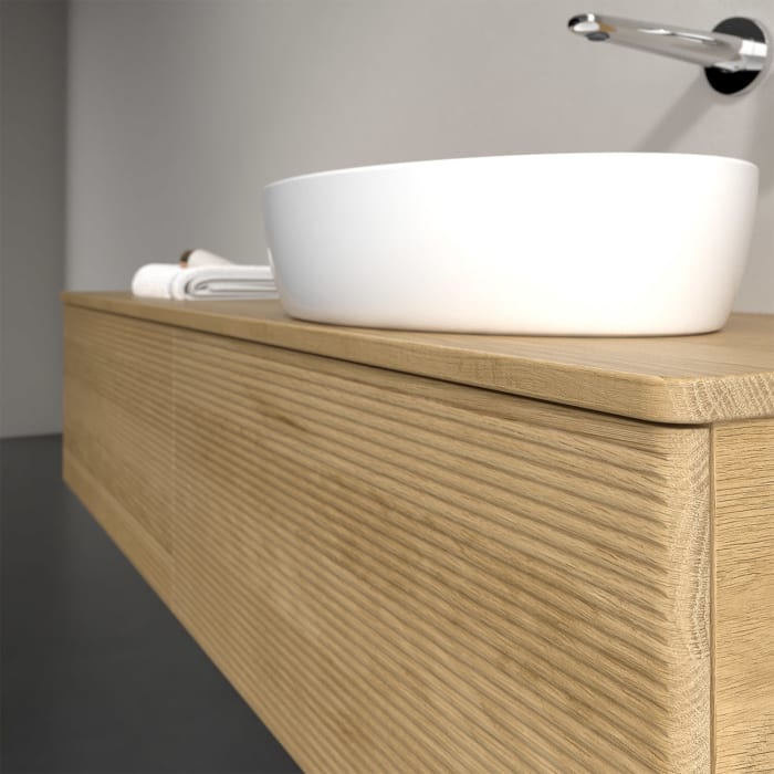 Villeroy & Boch Antao Waschbeckenunterschrank, 160 x 36 cm, 2 Auszüge mit LED-Licht, Front mit Struktur, ohne Hahnloch, für Waschtisch rechts