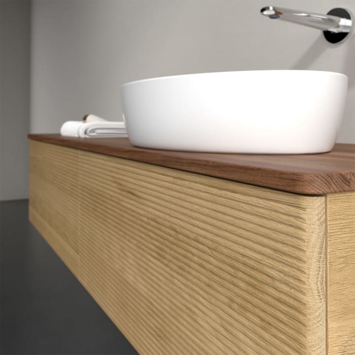 Villeroy & Boch Antao Waschbeckenunterschrank, 160 x 36 cm, 2 Auszüge mit LED-Licht, Front mit Struktur, ohne Hahnloch, für Waschtisch rechts