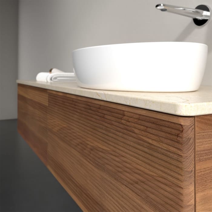 Villeroy & Boch Antao Waschbeckenunterschrank, 160 x 36 cm, 2 Auszüge mit LED-Licht, Front mit Struktur, ohne Hahnloch, für Waschtisch rechts