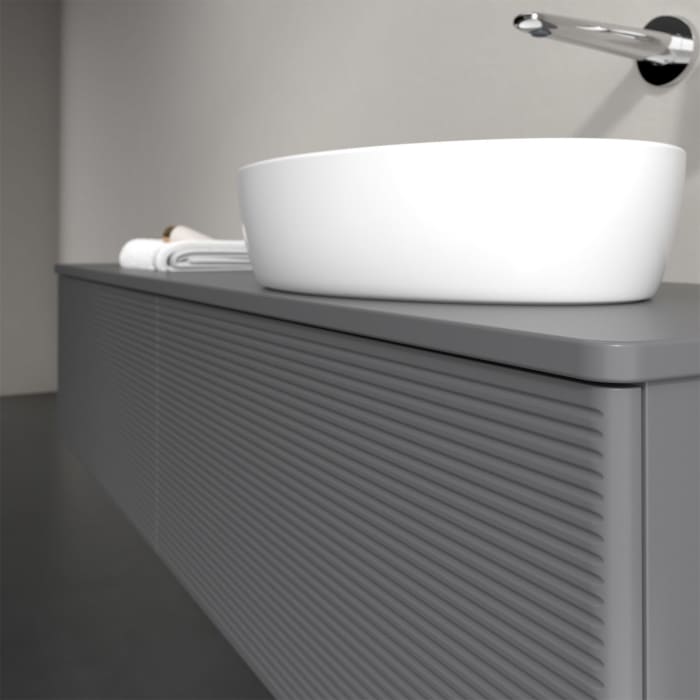 Villeroy & Boch Antao Waschbeckenunterschrank, 160 x 36 cm, 2 Auszüge mit LED-Licht, Front mit Struktur, mit Hahnloch, für Waschtisch rechts