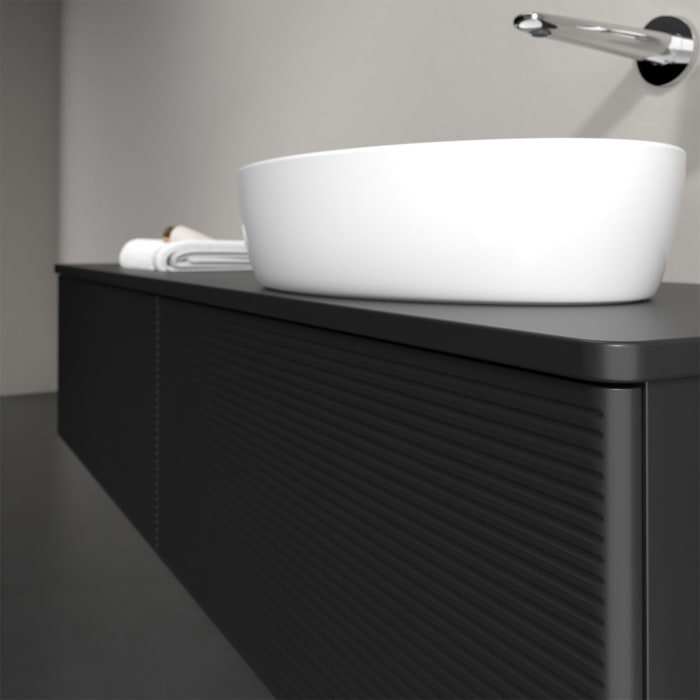 Villeroy & Boch Antao Waschbeckenunterschrank, 160 x 36 cm, 2 Auszüge mit LED-Licht, Front mit Struktur, mit Hahnloch, für Waschtisch rechts