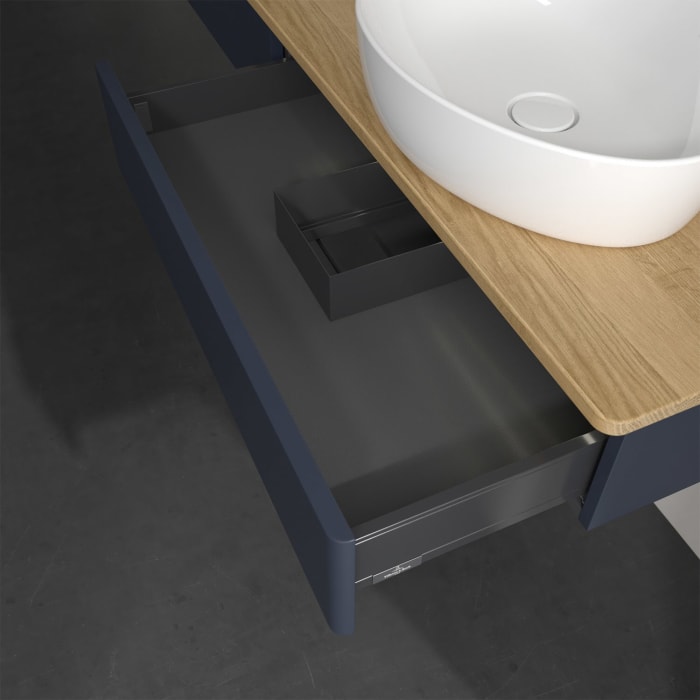 Villeroy & Boch Antao Waschbeckenunterschrank, 160 x 19 cm, 2 Auszüge mit LED-Licht, Front ohne Struktur, mit Hahnloch, für Waschtisch rechts