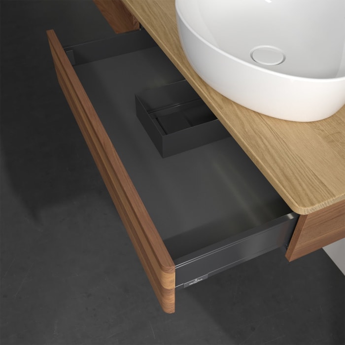 Villeroy & Boch Antao Waschbeckenunterschrank, 160 x 19 cm, 2 Auszüge mit LED-Licht, Front ohne Struktur, mit Hahnloch, für Waschtisch rechts