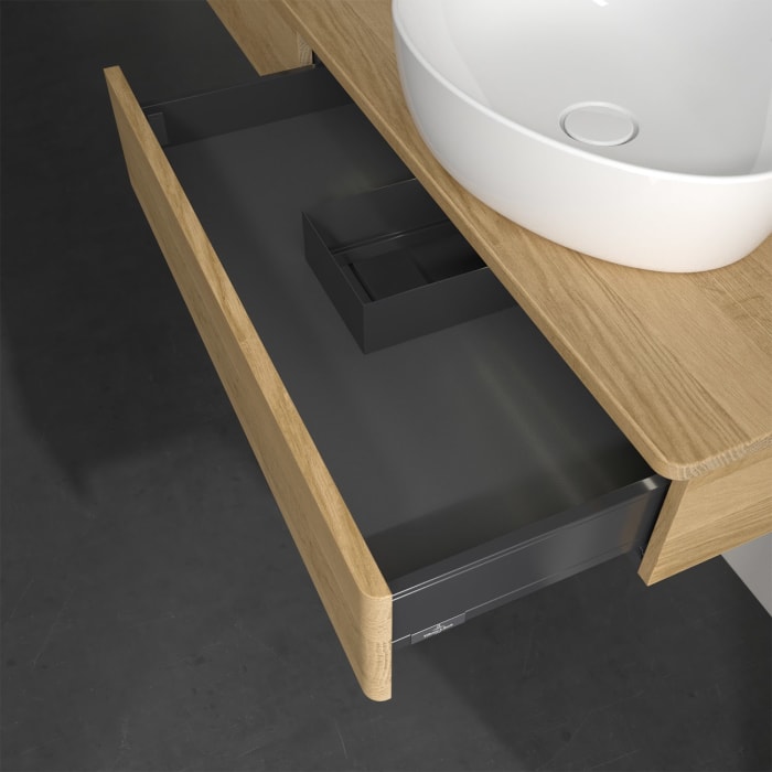 Villeroy & Boch Antao Waschbeckenunterschrank, 160 x 19 cm, 2 Auszüge mit LED-Licht, Front ohne Struktur, mit Hahnloch, für Waschtisch rechts