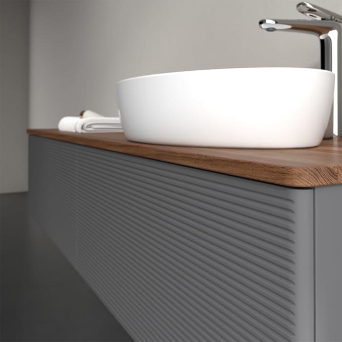 Villeroy & Boch Antao Waschbeckenunterschrank, 160 x 36 cm, 2 Auszüge mit LED-Licht, Front mit Struktur, mit Hahnloch, für Waschtisch rechts