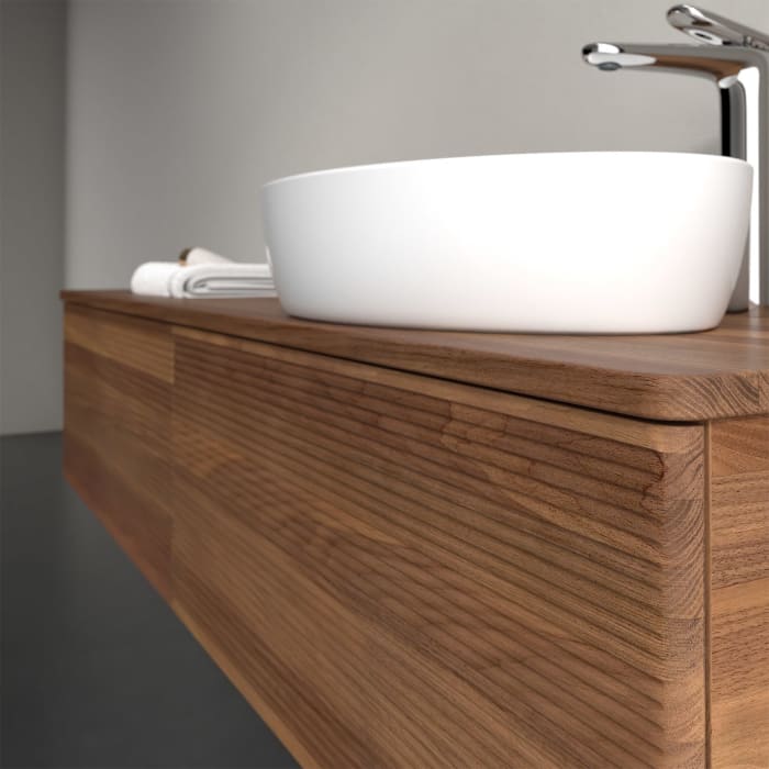 Villeroy & Boch Antao Waschbeckenunterschrank, 160 x 36 cm, 2 Auszüge mit LED-Licht, Front mit Struktur, mit Hahnloch, für Waschtisch rechts