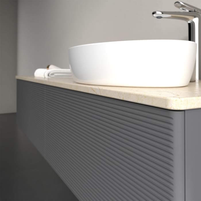 Villeroy & Boch Antao Waschbeckenunterschrank, 160 x 36 cm, 2 Auszüge mit LED-Licht, Front mit Struktur, mit Hahnloch, für Waschtisch rechts