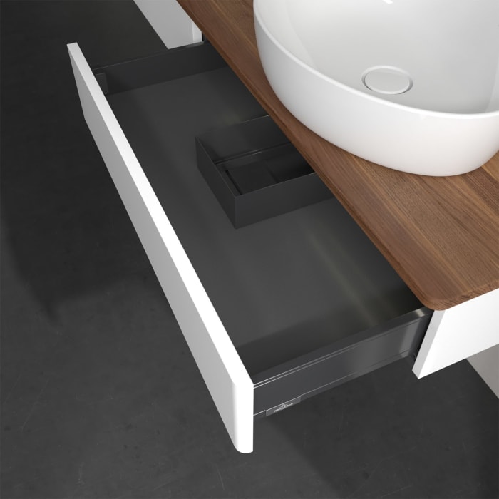 Villeroy & Boch Antao Waschbeckenunterschrank, 160 x 19 cm, 2 Auszüge mit LED-Licht, Front ohne Struktur, mit Hahnloch, für Waschtisch rechts