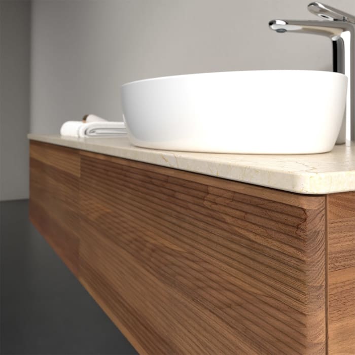 Villeroy & Boch Antao Waschbeckenunterschrank, 160 x 36 cm, 2 Auszüge mit LED-Licht, Front mit Struktur, mit Hahnloch, für Waschtisch rechts