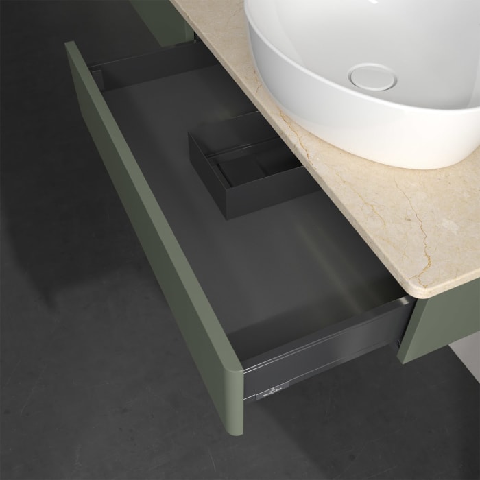 Villeroy & Boch Antao Waschbeckenunterschrank, 160 x 19 cm, 2 Auszüge mit LED-Licht, Front ohne Struktur, mit Hahnloch, für Waschtisch rechts