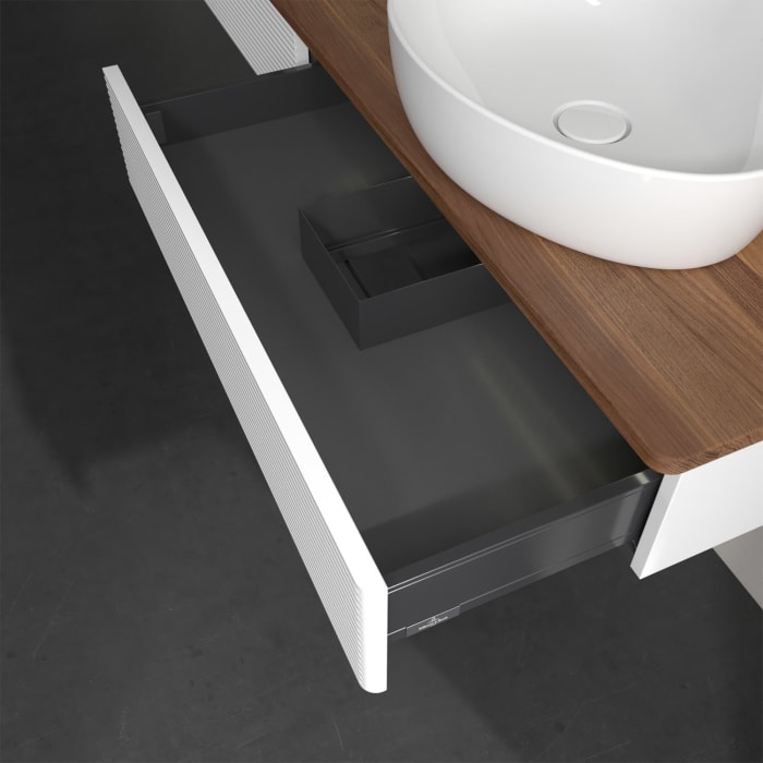 Villeroy & Boch Antao Waschbeckenunterschrank, 160 x 19 cm, 2 Auszüge mit LED-Licht, Front mit Struktur, ohne Hahnloch, für Waschtisch rechts