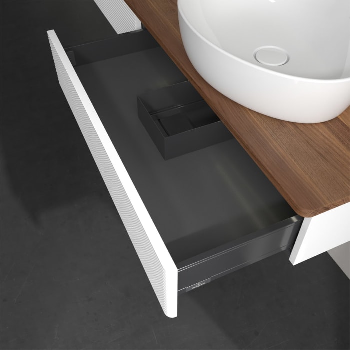 Villeroy & Boch Antao Waschbeckenunterschrank, 160 x 19 cm, 2 Auszüge mit LED-Licht, Front mit Struktur, ohne Hahnloch, für Waschtisch rechts