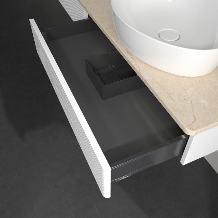 Villeroy & Boch Antao Waschbeckenunterschrank, 160 x 19 cm, 2 Auszüge mit LED-Licht, Front mit Struktur, ohne Hahnloch, für Waschtisch rechts