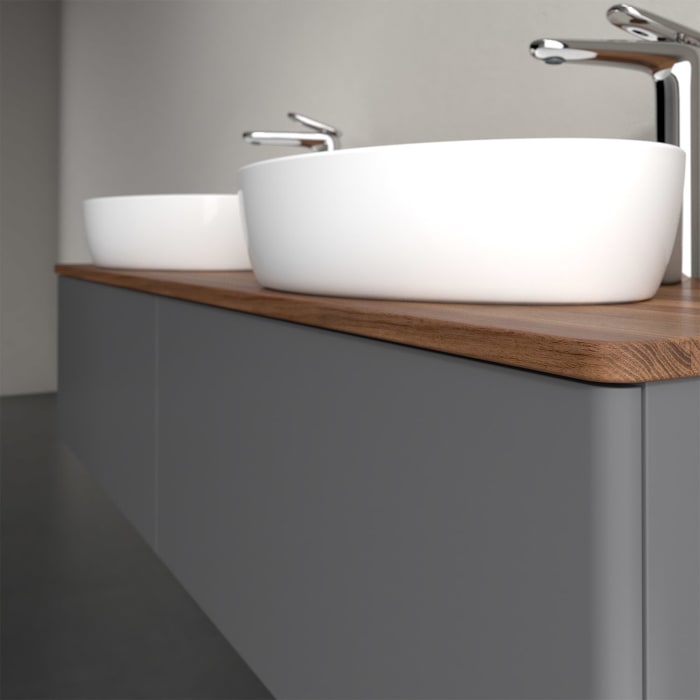 Villeroy & Boch Antao Waschbeckenunterschrank, 160 x 36 cm, 2 Auszüge mit LED-Licht, Front ohne Struktur, mit Hahnloch, für Waschtisch links und recht