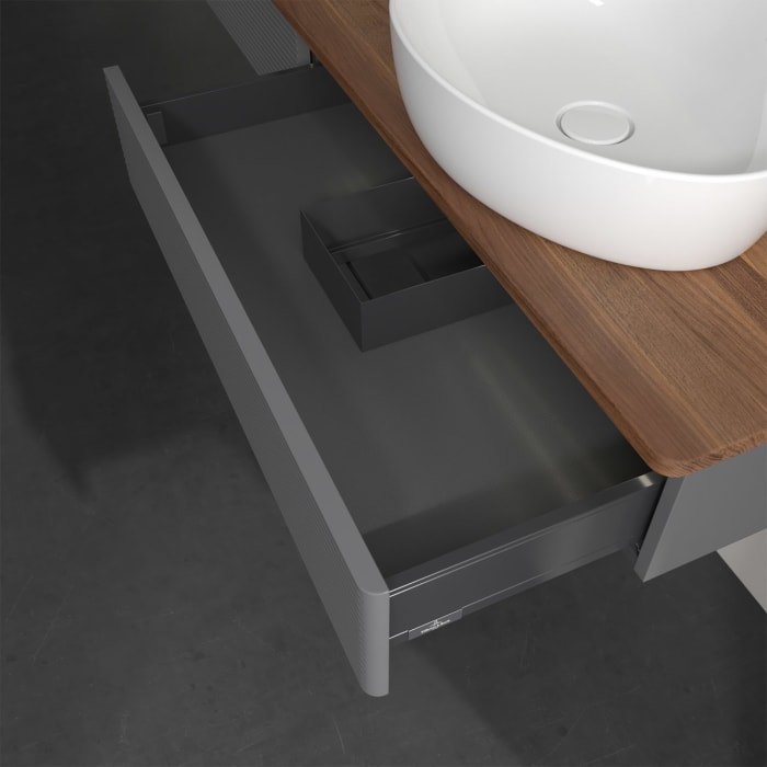 Villeroy & Boch Antao Waschbeckenunterschrank, 160 x 19 cm, 2 Auszüge mit LED-Licht, Front mit Struktur, mit Hahnloch, für Waschtisch rechts