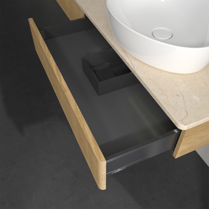 Villeroy & Boch Antao Waschbeckenunterschrank, 160 x 19 cm, 2 Auszüge mit LED-Licht, Front mit Struktur, mit Hahnloch, für Waschtisch rechts