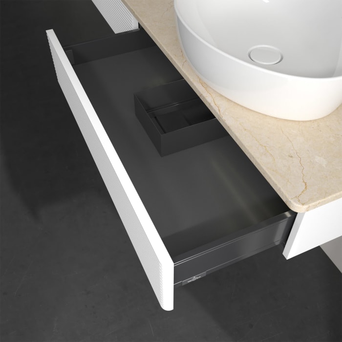 Villeroy & Boch Antao Waschbeckenunterschrank, 160 x 19 cm, 2 Auszüge mit LED-Licht, Front mit Struktur, mit Hahnloch, für Waschtisch rechts