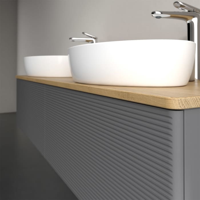 Villeroy & Boch Antao Waschbeckenunterschrank, 160 x 36 cm, 2 Auszüge mit LED-Licht, Front mit Struktur, mit Hahnloch, für Waschtisch links und rechts