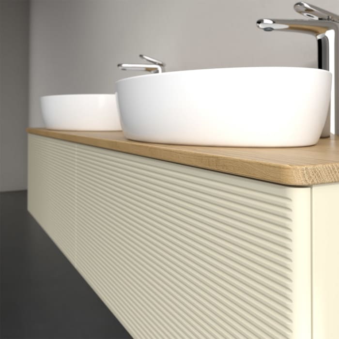 Villeroy & Boch Antao Waschbeckenunterschrank, 160 x 36 cm, 2 Auszüge mit LED-Licht, Front mit Struktur, mit Hahnloch, für Waschtisch links und rechts