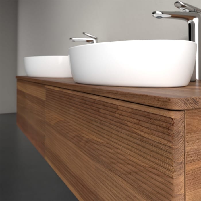 Villeroy & Boch Antao Waschbeckenunterschrank, 160 x 36 cm, 2 Auszüge mit LED-Licht, Front mit Struktur, mit Hahnloch, für Waschtisch links und rechts