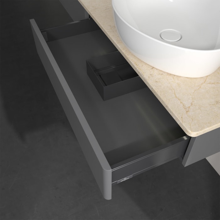 Villeroy & Boch Antao Waschbeckenunterschrank, 160 x 19 cm, 2 Auszüge mit LED-Licht, Front ohne Struktur, ohne Hahnloch, für Waschtisch links und rech