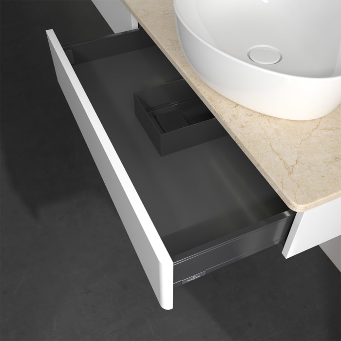 Villeroy & Boch Antao Waschbeckenunterschrank, 160 x 19 cm, 2 Auszüge mit LED-Licht, Front ohne Struktur, mit Hahnloch, für Waschtisch links und recht