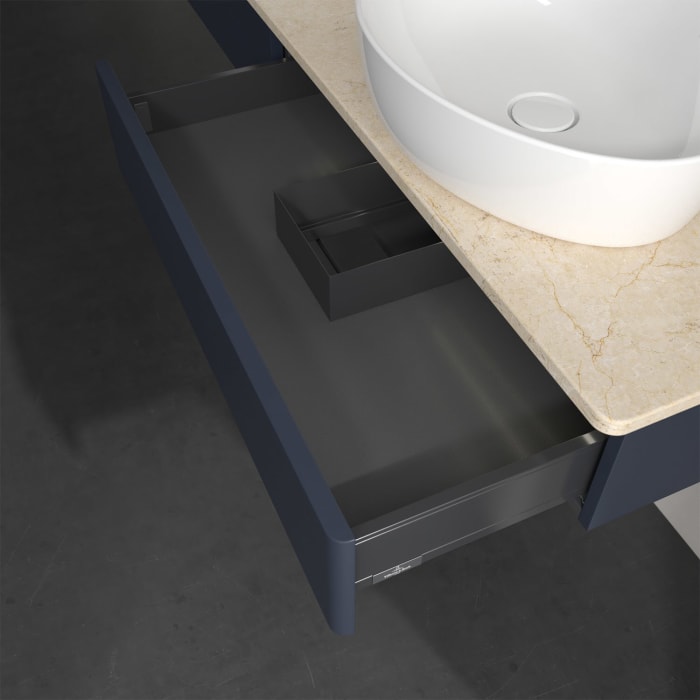 Villeroy & Boch Antao Waschbeckenunterschrank, 160 x 19 cm, 2 Auszüge mit LED-Licht, Front ohne Struktur, mit Hahnloch, für Waschtisch links und recht