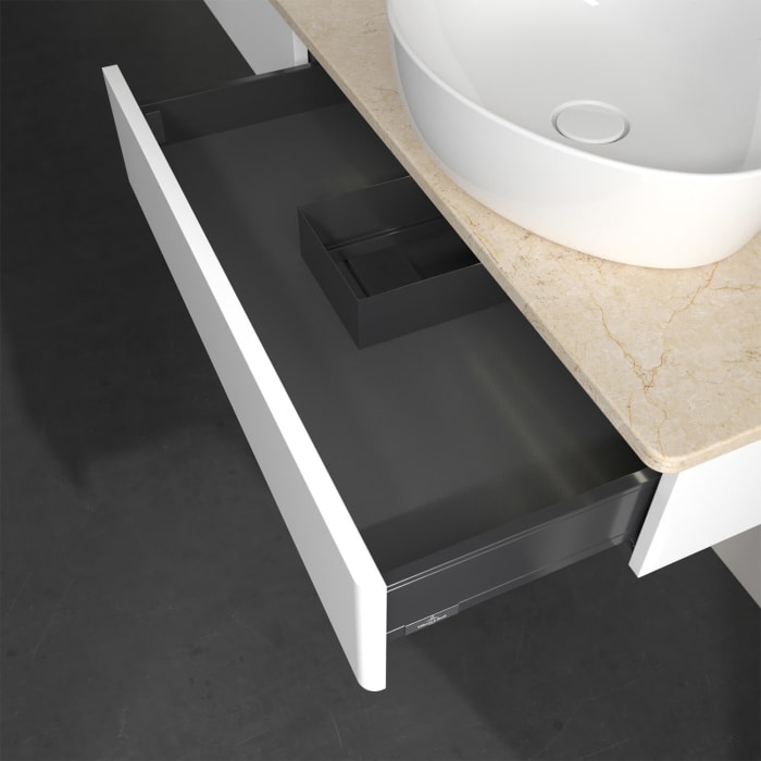 Villeroy & Boch Antao Waschbeckenunterschrank, 160 x 19 cm, 2 Auszüge mit LED-Licht, Front ohne Struktur, mit Hahnloch, für Waschtisch links und recht