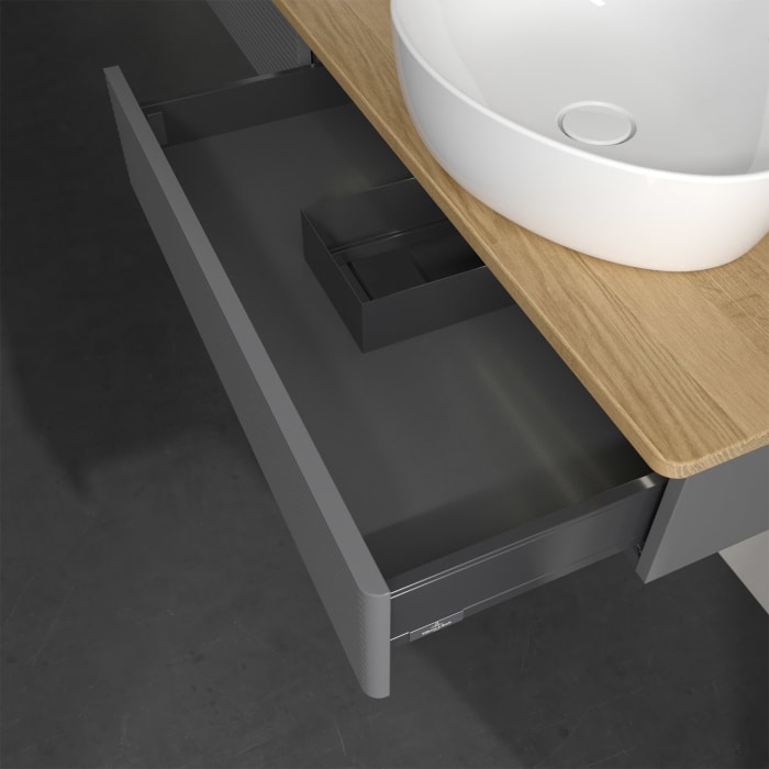 Villeroy & Boch Antao Waschbeckenunterschrank, 160 x 19 cm, 2 Auszüge mit LED-Licht, Front mit Struktur, ohne Hahnloch, für Waschtisch links und recht