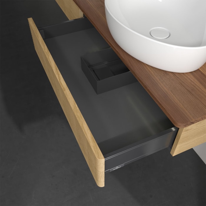 Villeroy & Boch Antao Waschbeckenunterschrank, 160 x 19 cm, 2 Auszüge mit LED-Licht, Front mit Struktur, ohne Hahnloch, für Waschtisch links und recht