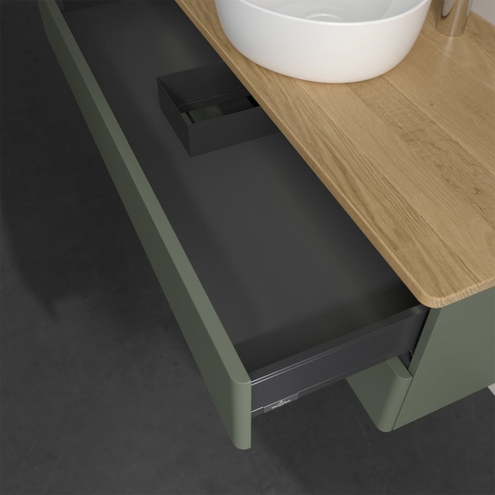 Villeroy & Boch Antao Waschbeckenunterschrank, 120 x 36 cm, 2 Auszüge mit LED-Licht, Front ohne Struktur, mit Hahnloch, für Waschtisch mittig