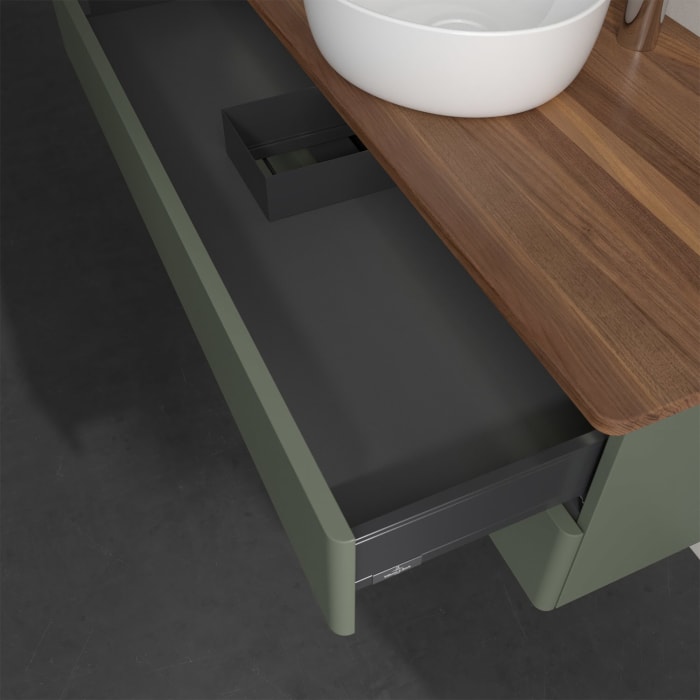 Villeroy & Boch Antao Waschbeckenunterschrank, 120 x 36 cm, 2 Auszüge mit LED-Licht, Front ohne Struktur, mit Hahnloch, für Waschtisch mittig