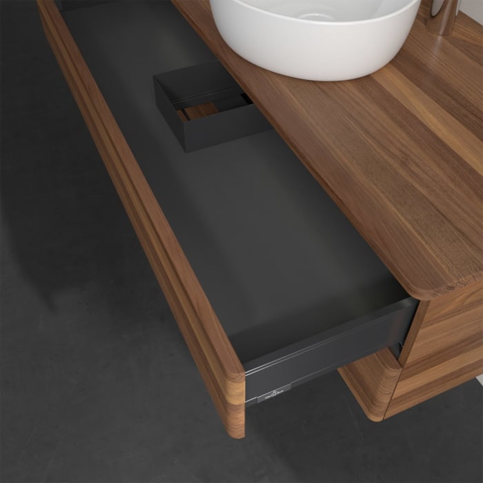 Villeroy & Boch Antao Waschbeckenunterschrank, 120 x 36 cm, 2 Auszüge mit LED-Licht, Front ohne Struktur, mit Hahnloch, für Waschtisch mittig