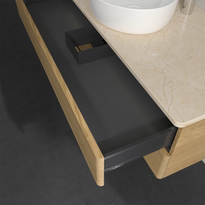 Villeroy & Boch Antao Waschbeckenunterschrank, 120 x 36 cm, 2 Auszüge mit LED-Licht, Front ohne Struktur, mit Hahnloch, für Waschtisch mittig