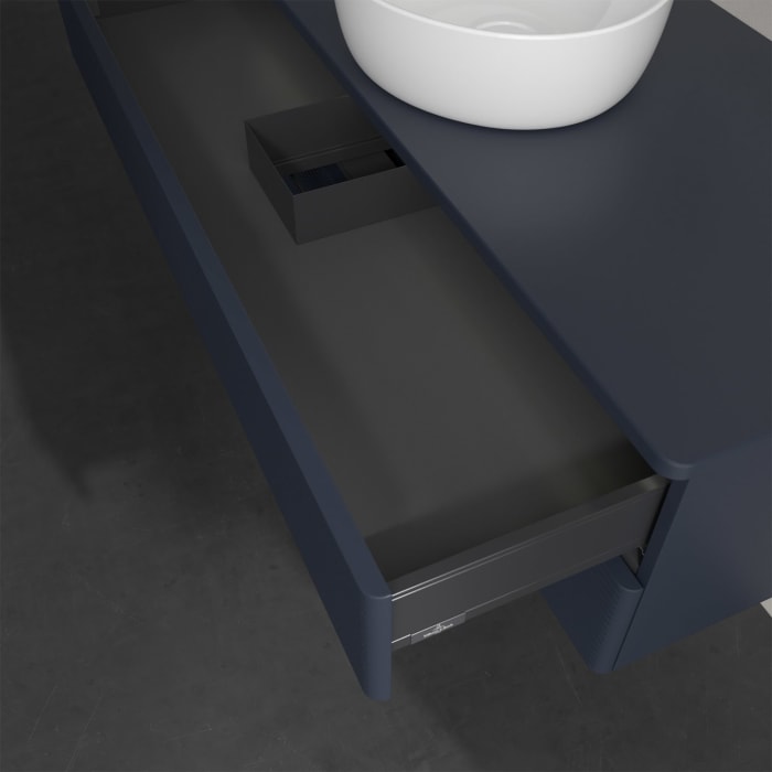 Villeroy & Boch Antao Waschbeckenunterschrank, 120 x 36 cm, 2 Auszüge mit LED-Licht, Front mit Struktur, ohne Hahnloch, für Waschtisch mittig