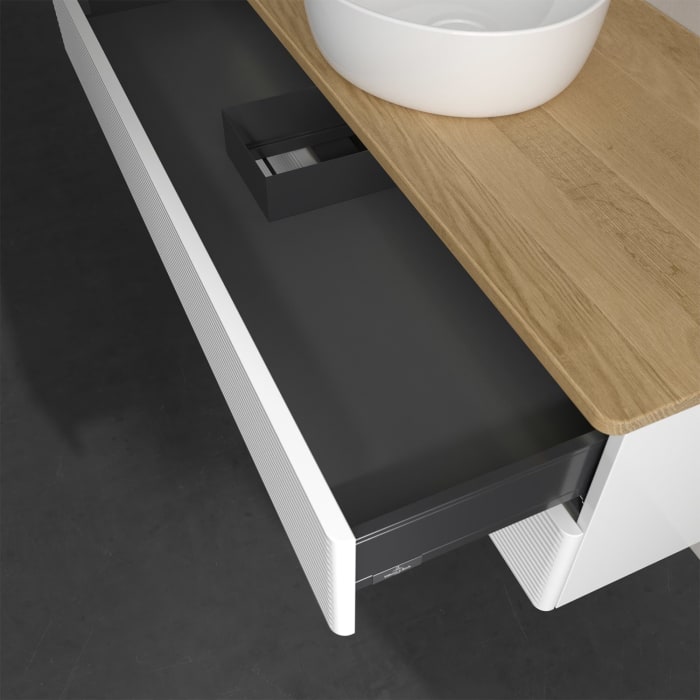 Villeroy & Boch Antao Waschbeckenunterschrank, 120 x 36 cm, 2 Auszüge mit LED-Licht, Front mit Struktur, ohne Hahnloch, für Waschtisch mittig