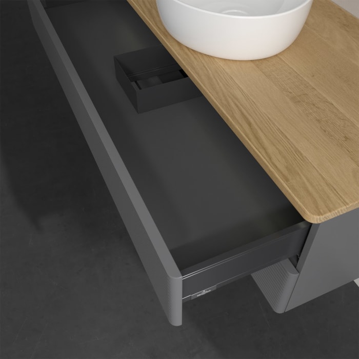 Villeroy & Boch Antao Waschbeckenunterschrank, 120 x 36 cm, 2 Auszüge mit LED-Licht, Front mit Struktur, ohne Hahnloch, für Waschtisch mittig