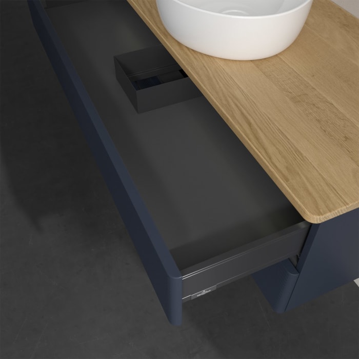 Villeroy & Boch Antao Waschbeckenunterschrank, 120 x 36 cm, 2 Auszüge mit LED-Licht, Front mit Struktur, ohne Hahnloch, für Waschtisch mittig